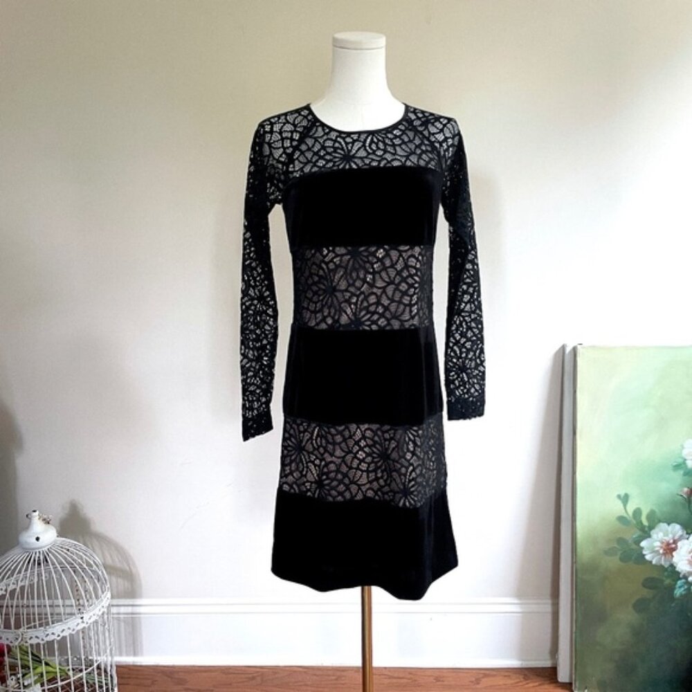 Antonio Melani Velvet Lace Sheer Panel Dress Womens 0 Black Goth Cocktail Y2K